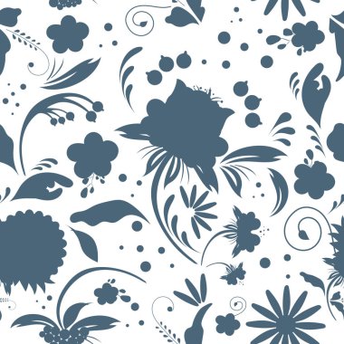 Çiçek siluetleriyle kusursuz desen. Kartpostallar, giysiler ve yatak takımları için uygun..
