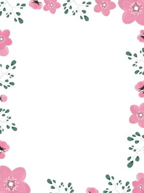 Çiçek ve yapraklardan yapılmış bir çerçeve. Metinler için yeri olan yumuşak renklerde hazırlanmış bir poster. Yeşil ve pembe renkler. Vektör.