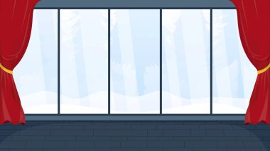 Büyük, kırmızı perdeli ve ormana bakan panoramik pencereli bir parti odası. Yeni yılın temasını tasarlamak için. Vektör.