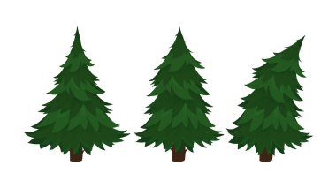 Beyaz arka planda izole edilmiş bir grup yeşil Noel ağacı. Düz bir çam ağacı. Vektör.