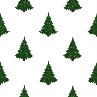 Yeşil bir Noel ağacı olan kusursuz bir desen. Web siteleri ve uygulamalar için şenlik arka planı. Kartpostallar, ambalaj kağıtları, kitaplar ve posterler için uygun. Vektör.