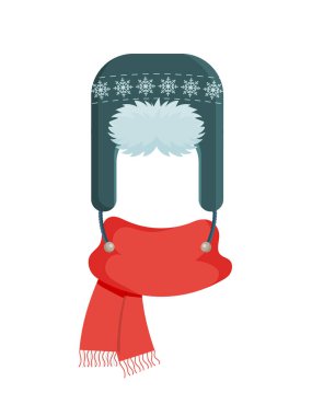 Sıcak örülmüş kış şapkası ve atkısı. Bağbozumu desenli yeşil şapka. Kırmızı örülmüş eşarp. Yeni yıl ya da Noel temalarının tasarımı için. Vektör çizimi. Düz biçim.