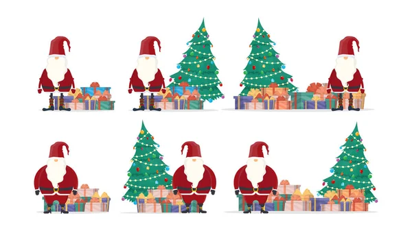 Conjunto Papai Noel Com Uma Montanha Presentes Uma Árvore Natal —  Vetores de Stock