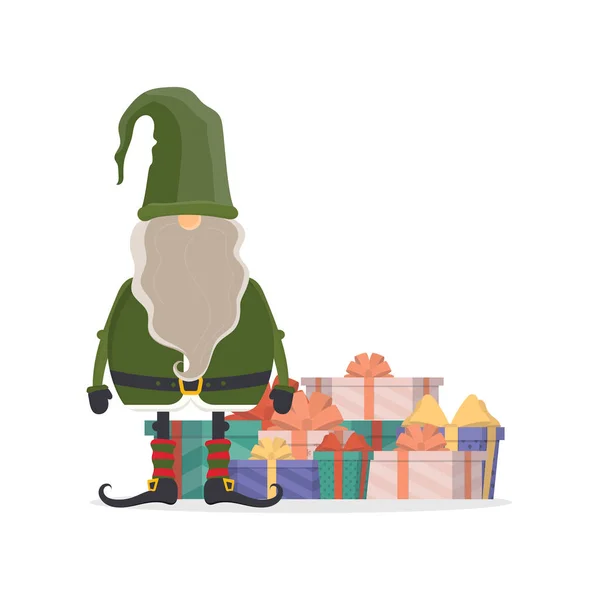 Kerstkabouter Met Geschenken Kleine Man Met Een Baard Groene Kleren — Stockvector