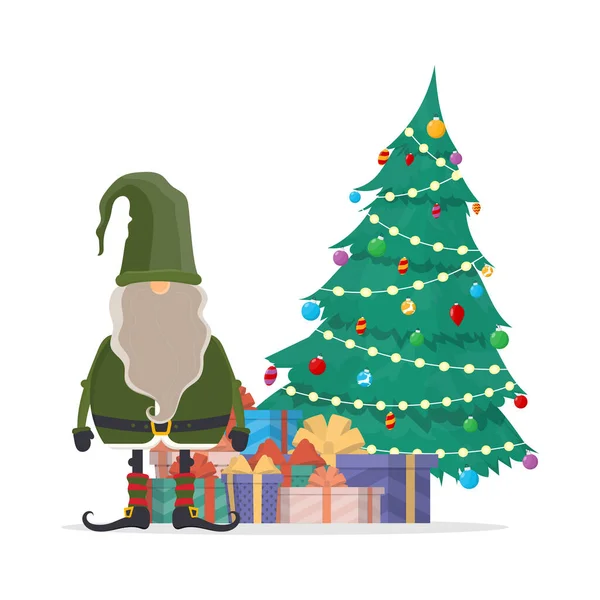 Gnome Noël Avec Arbre Des Cadeaux Petit Homme Avec Une — Image vectorielle