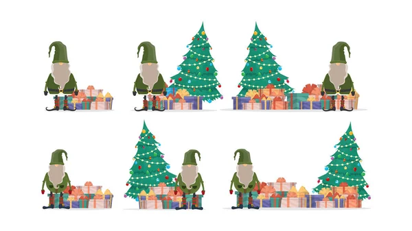 Conjunto Gnomos Natal Com Uma Montanha Presentes Uma Árvore Natal —  Vetores de Stock