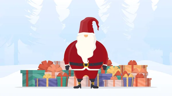 Père Noël Avec Une Montagne Cadeaux Dans Une Forêt Enneigée — Image vectorielle