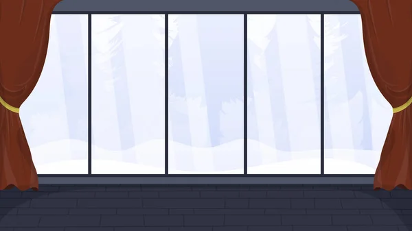 Вечірня Кімната Великими Червоними Шторами Панорамним Вікном Видом Ліс Дизайн — стоковий вектор