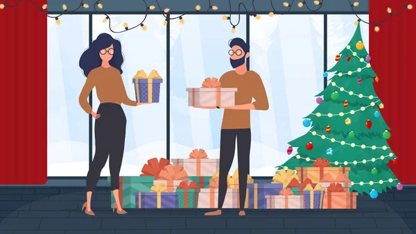 Homme Une Femme Font Des Cadeaux Une Salle Noël Une — Image vectorielle