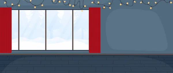 Ein Partyraum Mit Großen Roten Vorhängen Und Einem Panoramafenster Mit — Stockvektor