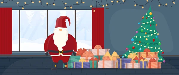Père Noël Avec Une Montagne Cadeaux Sapin Noël Tient Dans — Image vectorielle