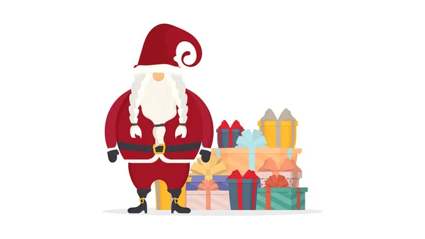Kerstman Witte Achtergrond Grote Stapel Kleurrijke Geschenkdozen Prachtige Geschenkdoos Met — Stockvector