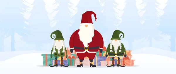 Babbo Natale Gnomi Natale Nella Foresta Invernale Bella Scatola Regalo — Vettoriale Stock