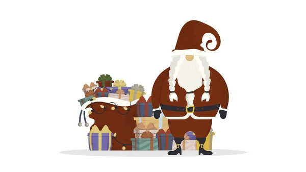 Kerstman Met Een Zak Met Geschenken Een Prachtige Geschenkdoos Met — Stockvector