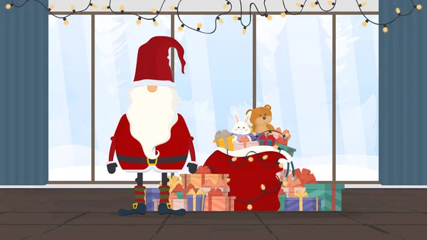 Santa Claus Con Una Bolsa Roja Una Montaña Regalos Está — Vector de stock