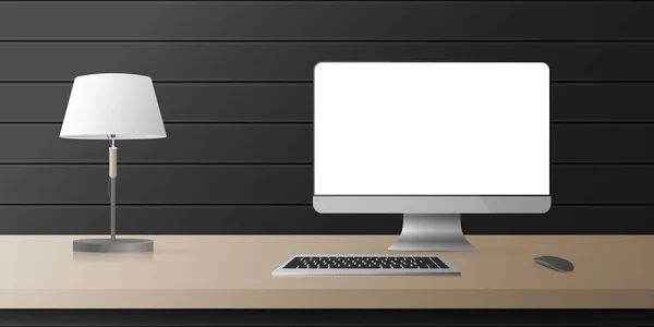 Realistisches Vektordesign Computermonitor Mit Weißem Bildschirm Auf Dem Tisch Holztisch — Stockvektor