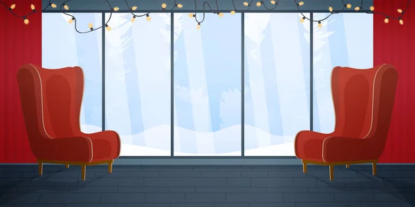 圣诞大厅 有一个可以俯瞰森林的巨大的全景窗户 红色的老式扶手椅 有灯泡的花环 冬天在森林里 — 图库矢量图片