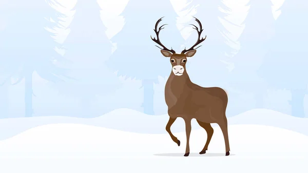 Paisagem Natal Inverno Com Colinas Nevadas Cervos Abetos Vetor — Vetor de Stock