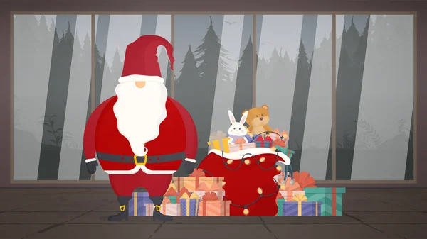 Papai Noel Com Saco Vermelho Uma Montanha Presentes Está Quarto — Vetor de Stock