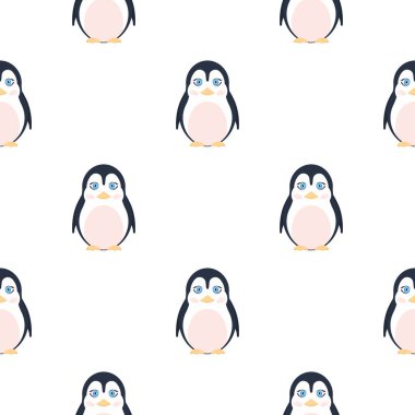 Kusursuz penguen deseni. Web siteleri ve uygulamalar için şenlik arka planı. Kartpostallar, ambalaj kağıtları, kitaplar ve posterler için uygun. Vektör illüstrasyonu.