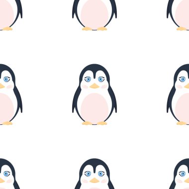 Kusursuz penguen deseni. Web siteleri ve uygulamalar için şenlik arka planı. Kartpostallar, ambalaj kağıtları, kitaplar ve posterler için uygun. Vektör illüstrasyonu.
