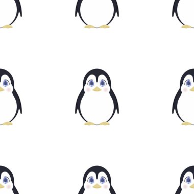 Kusursuz penguen deseni. Web siteleri ve uygulamalar için şenlik arka planı. Kartpostallar, ambalaj kağıtları, kitaplar ve posterler için uygun. Vektör illüstrasyonu.