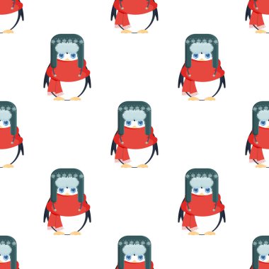 Kış şapkalı ve kırmızı eşarplı sevimli penguen desenli kusursuz desen. Web siteleri ve uygulamalar için şenlik arka planı. Kartpostallar, ambalaj kağıtları, kitaplar ve posterler için uygun. Vektör illüstrasyonu.