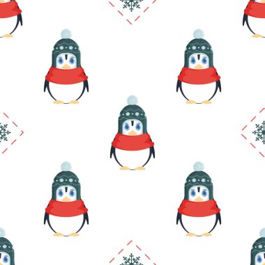 Kışlık şapkalı ve kırmızı atkılı sevimli penguen desenli. Sevimli görünümlü yavru penguen. Kartpostallar, ambalaj kağıtları, kitaplar ve posterler için uygun. Vektör illüstrasyonu.