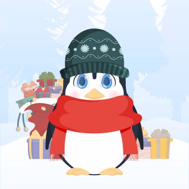 Şirin görünümlü küçük bir penguen kış karlı ormanında hediyelerle dolu bir dağda duruyor. Kışlık şapkalı bir penguen ve kırmızı bir eşarp. Kartpostallar ve kitaplar için iyi. Vektör.