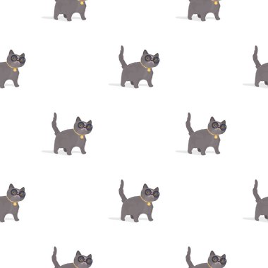 Gözlüklü ve altın zincirli gri kediyle kusursuz desen. Özgeçmiş, kartlar, kitaplar, afişler ve baskılar için uygun. Vektör illüstrasyonu.