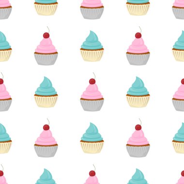 Kusursuz desenli, beyaz arka planda farklı kekler. Kalplerle, kirazla, çiçeklerle ve yıldızlarla süslenmiş tatlı pastalar..