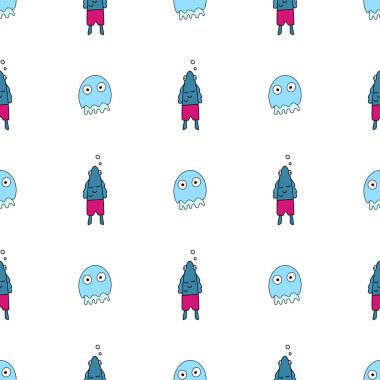 Balıklar ve denizanalarıyla kusursuz desen. Kartpostallar, ambalaj kağıtları, kitaplar ve posterler için uygun. Vektör illüstrasyonu.