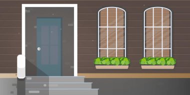 Büyük pencereli kahverengi ahşap ev. Çiçekli pencereler. Bir kır evinin verandası..