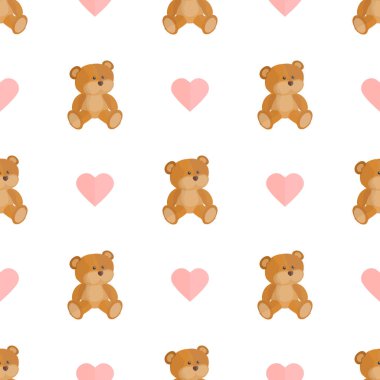 Oyuncak ayı ve kupa şeklinde kusursuz bir desen. Şenlik düzeni. Kartpostallar, özgeçmişler, kitaplar ve posterler için uygun. Vektör illüstrasyonu.