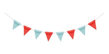 Bayraklı karnaval çelengi. Doğum günü, festival ve parlak dekorasyon için dekoratif renkli flamalar. Gerçekçi tasarım. Vektör illüstrasyonu.