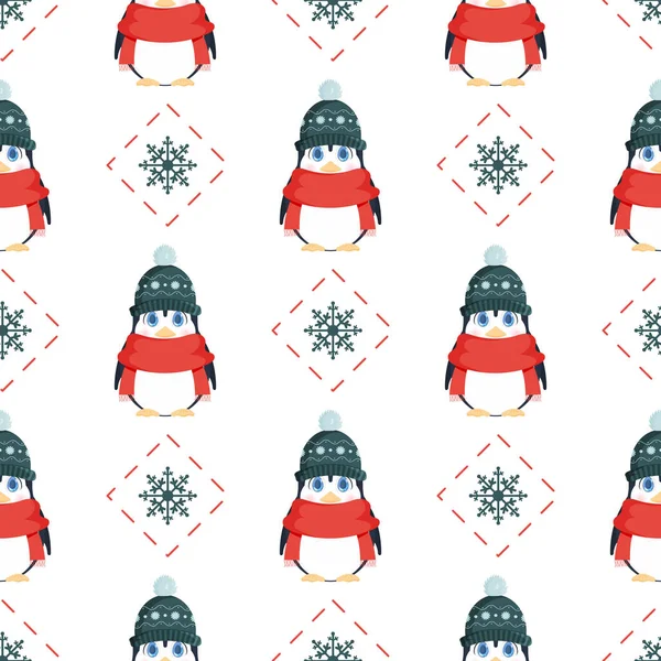 Padrão Sem Costura Com Pinguim Bonito Chapéu Inverno Lenço Vermelho — Vetor de Stock