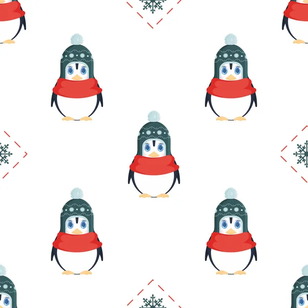 Padrão Sem Costura Com Pinguim Bonito Chapéu Inverno Lenço Vermelho — Vetor de Stock