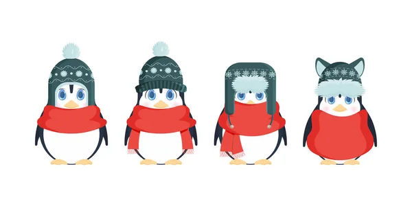 Söta Pingviner Vintermössa Och Röd Halsduk Baby Pingvin Med Söt — Stock vektor