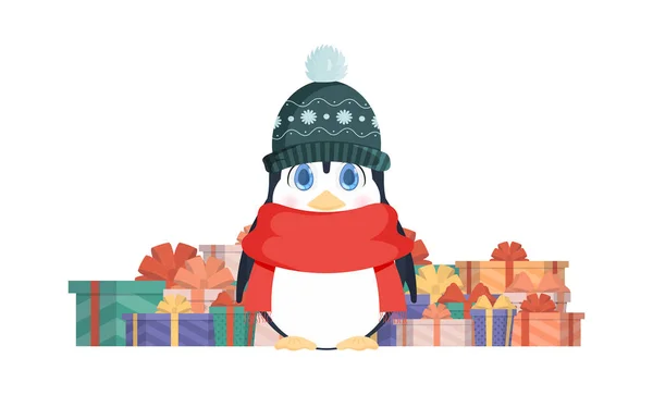 Petit Pingouin Look Mignon Dresse Avec Une Montagne Cadeaux Pingouin — Image vectorielle