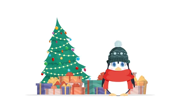 Petit Pingouin Regard Mignon Tient Près Arbre Noël Avec Une — Image vectorielle