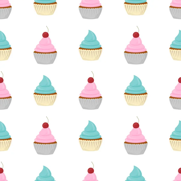 Bezešvé Vzor Různými Cupcakes Bílém Pozadí Sladké Pečivo Zdobené Srdcem — Stockový vektor