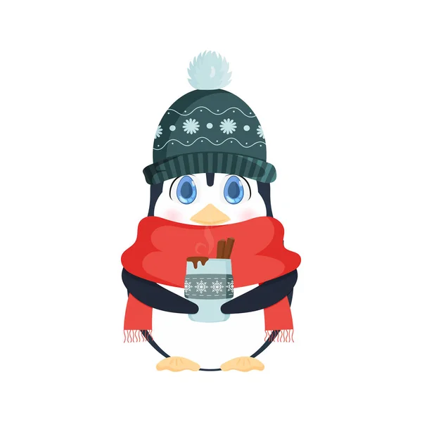 Petit Pingouin Avec Regard Mignon Dans Chapeau Hiver Foulard Tient — Image vectorielle