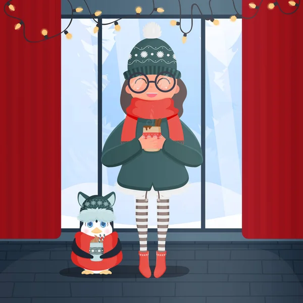 Ein Mädchen Mit Winterlicher Strickmütze Und Rotem Schal Hält Ein — Stockvektor