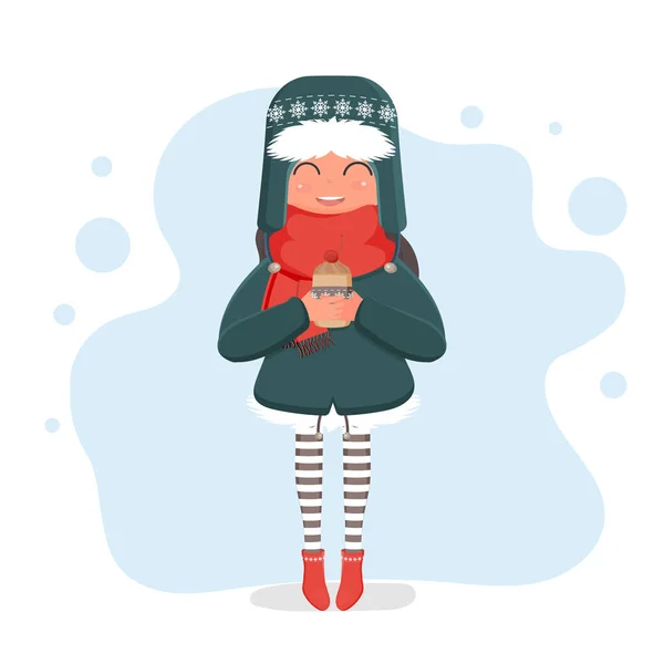 Girl Winter Warm Clothes Glasses Holds Hot Drink Her Hands — Stock Vector