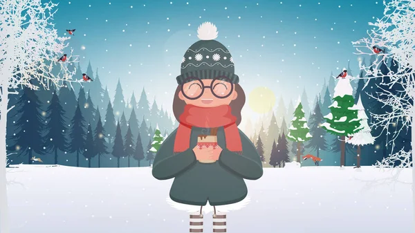Kobieta Zimowych Ciepłych Ubraniach Okularach Trzyma Kubek Rękach Dziewczyna Śnieżnym — Wektor stockowy