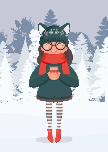 Dziewczyna Śnieżnym Lesie Pije Gorący Napój Kobieta Ciepłych Zimowych Ubraniach — Wektor stockowy