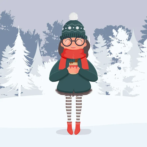 Girl Snowy Forest Drinks Hot Drink Woman Warm Winter Clothes — Stock Vector