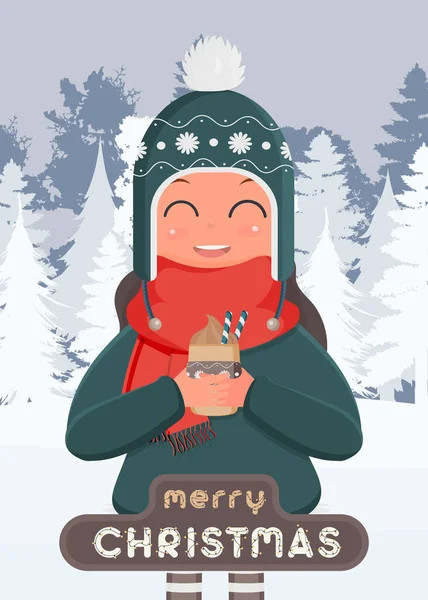 Joyeux Noël Carte Postale Une Fille Dans Une Forêt Enneigée — Image vectorielle