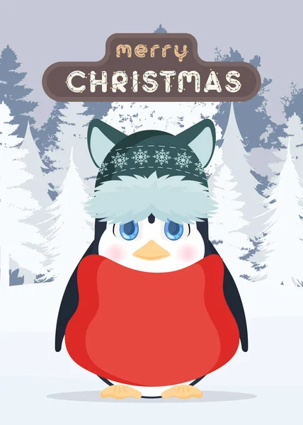 Joyeux Noël Petit Pingouin Look Mignon Dresse Dans Une Forêt — Image vectorielle