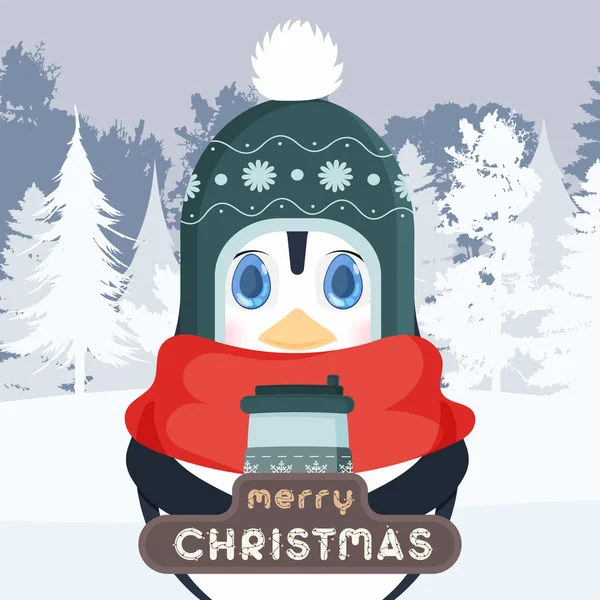 Feliz Navidad Postal Pingüino Bosque Nevado Bebe Una Bebida Caliente — Vector de stock